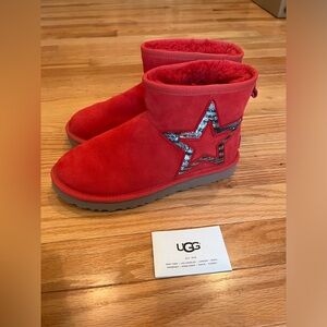 UGG Classic Mini Star Red Sequin Boots, Size 7